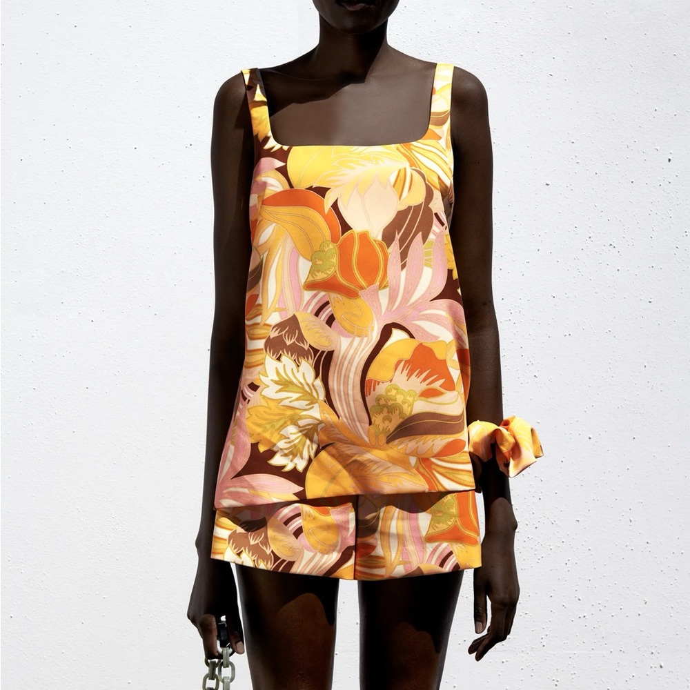 Zara Womens Pullover Square Neckline Sleeveless Top Floral Yellow Sz M
